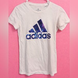 adidas girls size 14/16, XS women’s White Tee with Blue Logo